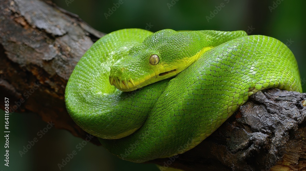 Fototapeta premium Lush Green Python Clinging to a Tree Branch in a Natural Habitat