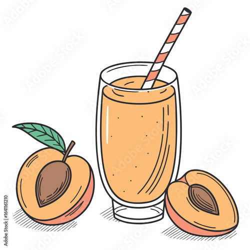 Illustration of a glass of peach smoothie with two peach halves