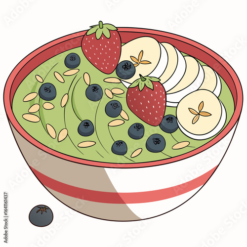 A delicious smoothie bowl with fresh fruits, berries, and crunchy toppings