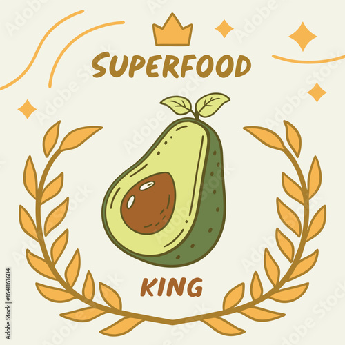 A cheerful avocado illustration with a crown celebrating its status as superfood king