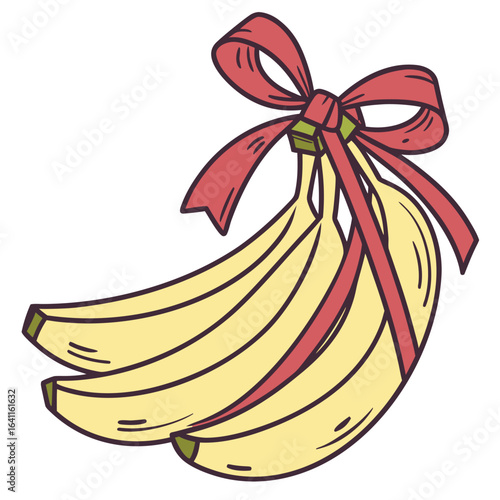 A beautiful bunch of yellow bananas tied with a red ribbon