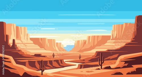 Serene vista of grand canyon landscape, stylized and colorful desert scene