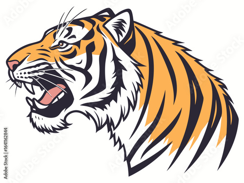 Majestic tiger head profile, stylized vector graphic. A bold, stylized vector graphic of a tiger's head in profile view. 