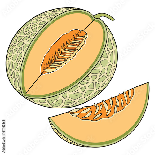 A ripe cantaloupe halved with a delicious looking slice cut out