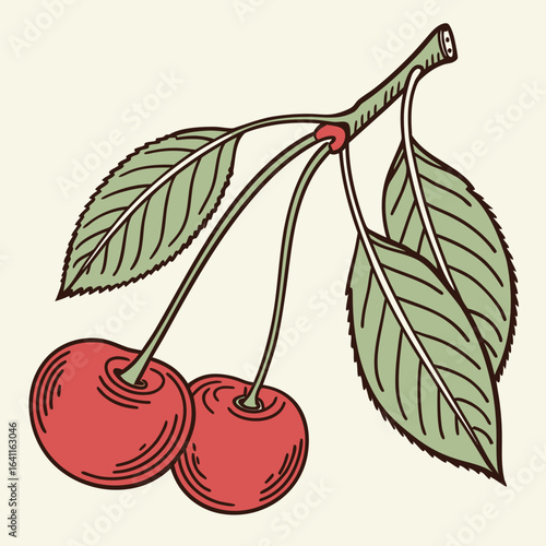 A charming sketch of two cherries on a branch with leaves