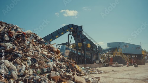Outdoor construction waste sorting line at an industrial recycling facility on a sunny day with a waste pile in the foreground