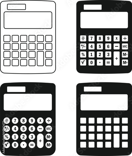Calculator set Silhouette, Calculator icon set svg, black color outline or solid icon on white background.