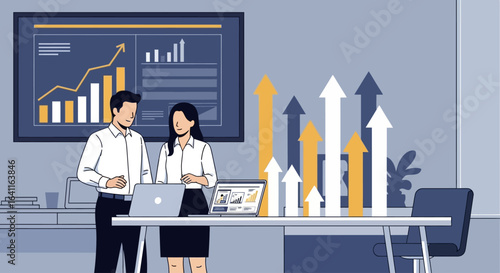 Business colleagues review positive growth data displayed on laptop and charts.