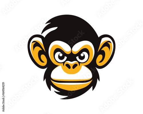 A stylized cartoon monkey face with black fur and yellow accents, facing forward on a white background.