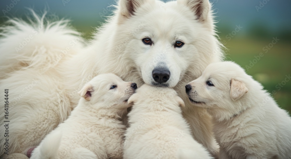 Obraz premium Adorable white dog family bonding together creating a heart-warming moment of love and care