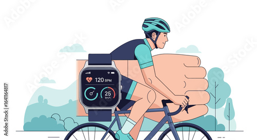 Man cycling outdoors, monitored by smartwatch displaying heart rate and speed.