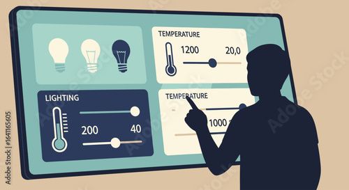 Silhouette of a person interacting with a large touch screen displaying temperature and lighting controls.