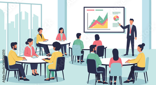 A business presentation in a conference room, with a presenter pointing to a chart for a group of seated attendees.