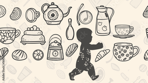Silhouette of child amidst kitchenware doodles including cups teapots and baked goods illustration