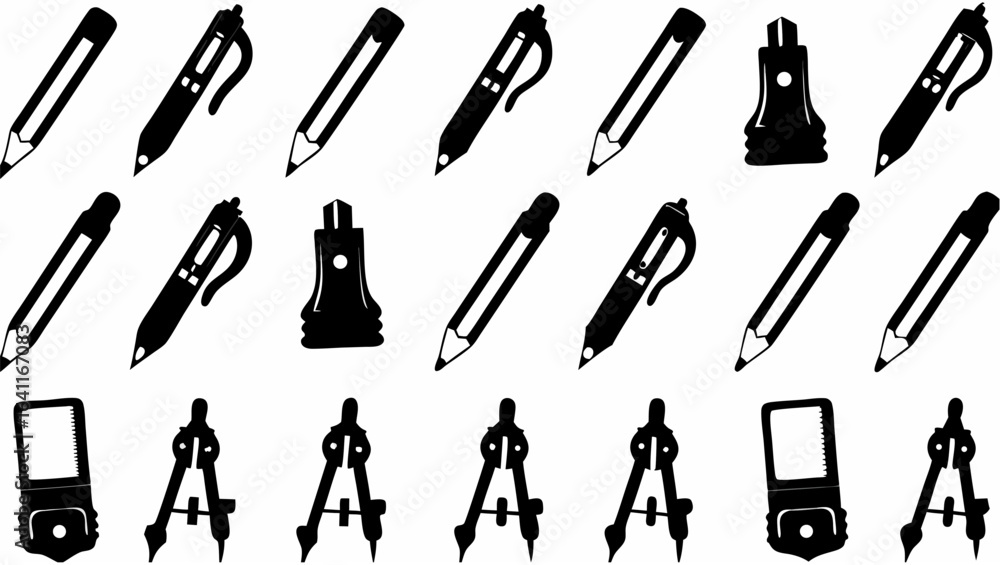 Illustration showing various drawing and writing tools including pencils pens and compasses in black and white silhouette Illustration showing various drawing and writing tools including pencils pens and compasses in black and white silhouette