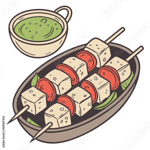 Vegetarian skewers with tofu, tomatoes, herbs and a green dipping sauce