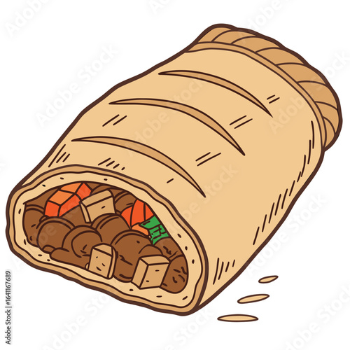 Illustration of a delicious looking savory pastry filled with meat and vegetables