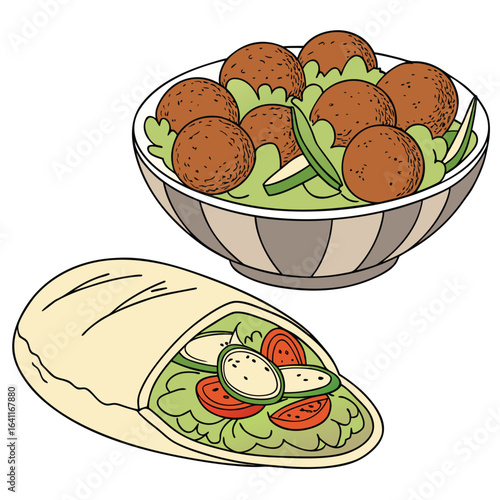 Cartoon drawing of a falafel bowl and a falafel wrap with salad