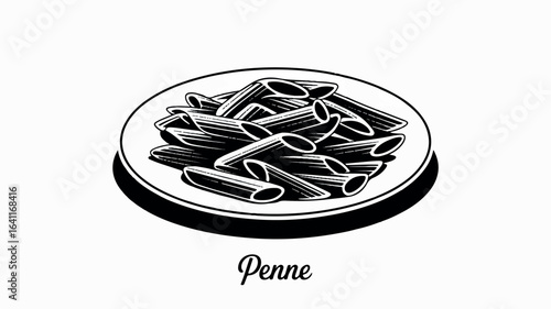 A black and white silhouette illustration of a plate of penne pasta against a white background.