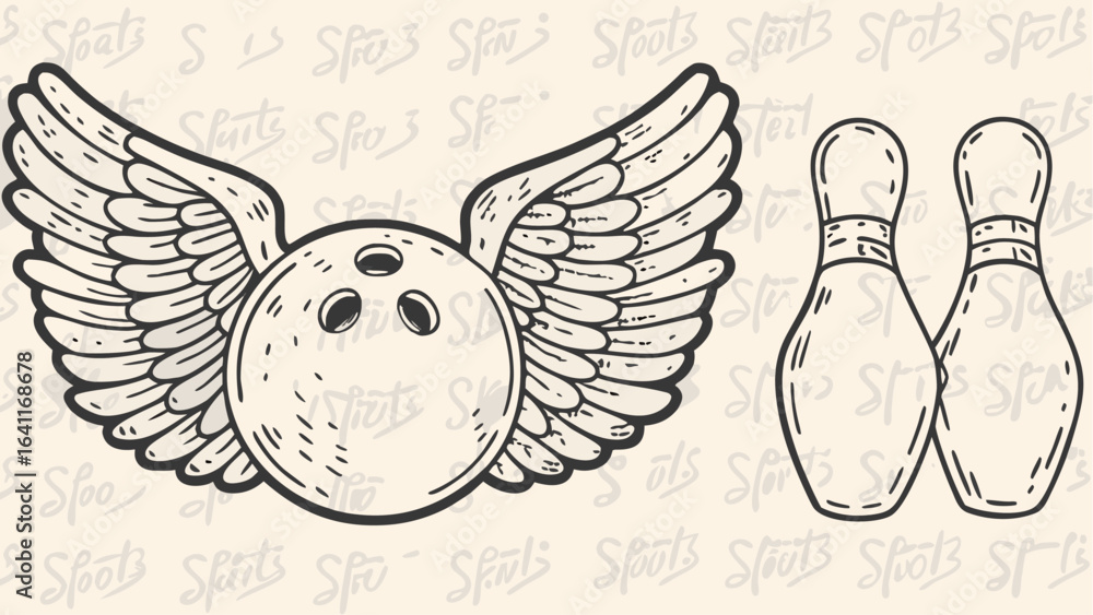Fototapeta premium Illustration of a winged bowling ball with two bowling pins standing side by side in a detailed style