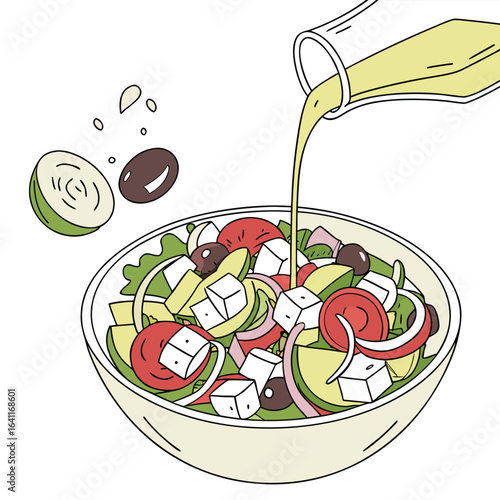 Bright and Colorful Greek Salad with Olive Oil Dressing Pour Illustration
