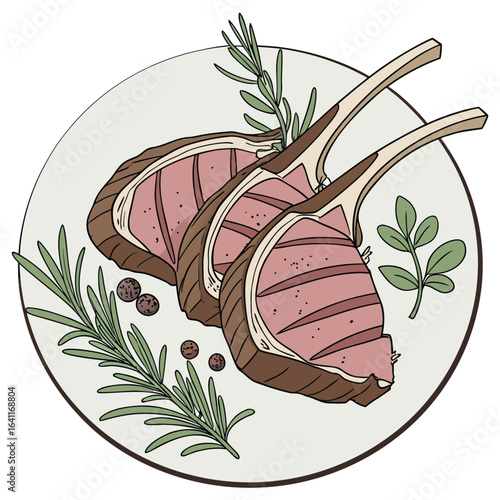 Illustration of grilled lamb chops on a plate with rosemary and peppercorns