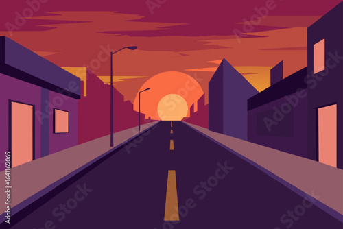 Sunset view down the street with buildings and streetlights