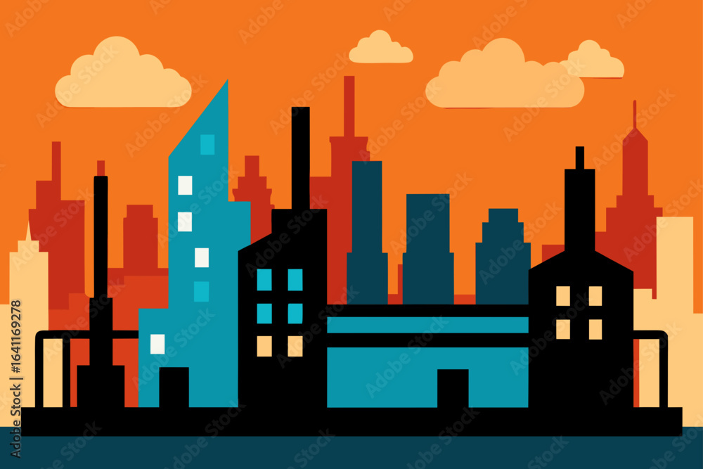 Fototapeta premium Silhouette of a city skyline with clouds and orange sky