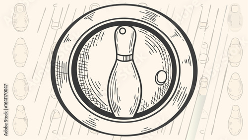 Illustration of a bowling pin and ball inside a circular frame with matryoshka doll background pattern