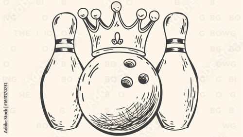 Illustration of a bowling ball with a crown between two bowling pins in a sketch style design