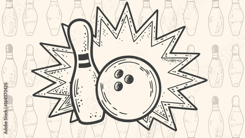 Illustration of a bowling pin and ball with a starburst on a bowling pin patterned background design