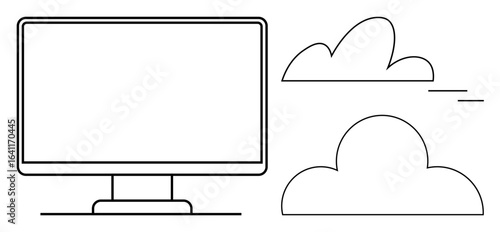 Computer monitor adjacent to fluffy clouds, symbolizing cloud computing, storage, and digital communication. Ideal for technology, data, innovation, networking, online work IT solutions simple flat