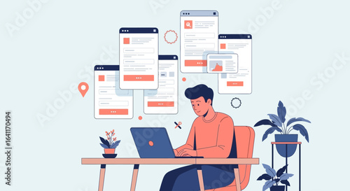 Illustration of a man working on a laptop with multiple mobile application windows floating around him at a desk.