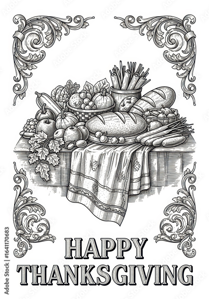 Fototapeta premium Thanksgiving celebration with harvest feast and autumn elements