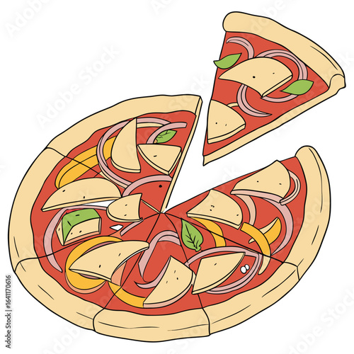 Delicious cartoon pizza with a slice removed and toppings galore illustration