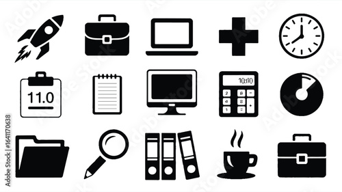 Business icons including rocket briefcase laptop clock notepad calculator folders and coffee vector