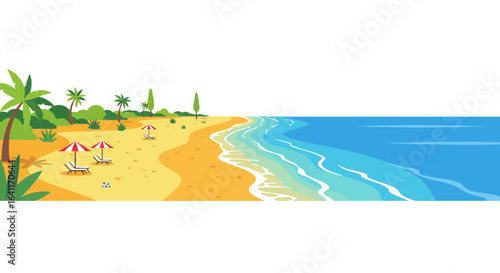 Cartoon seaside landscape illustration with palm trees and beach beds