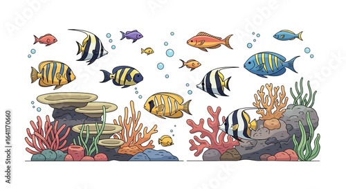 Cartoon underwater world with colorful fishes and coral reefs on white background
