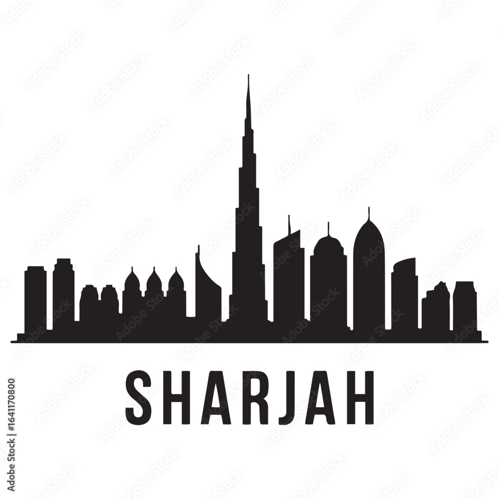Obraz premium Sharjah skyline. Landscape Sharjah, UAE. Vector illustration. Vector black silhouette. with white background.