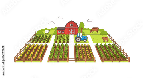 Charming countryside scenery featuring a farm with crops and animals