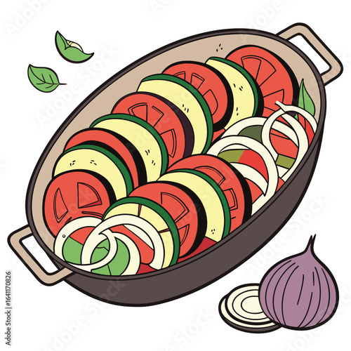 Colorful ratatouille dish with sliced vegetables and herbs in a rustic style
