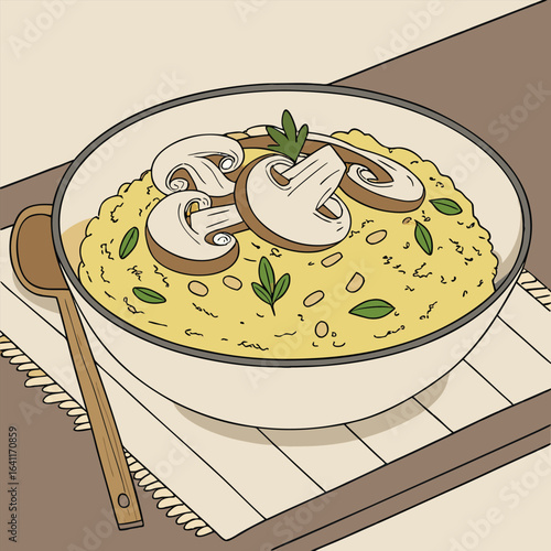 Artistic Illustration of a Mushroom Risotto Dish with Wood Spoon