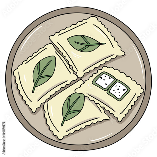 Artistic depiction of four ravioli served on a plate with garnishes