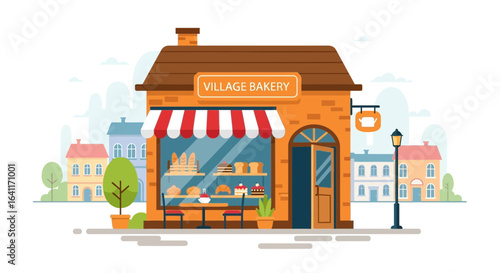 Charming vector illustration of a village bakery storefront on main street