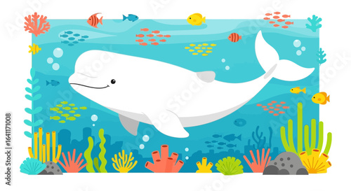 Cheerful beluga whale amidst coral reef and colorful fishes background