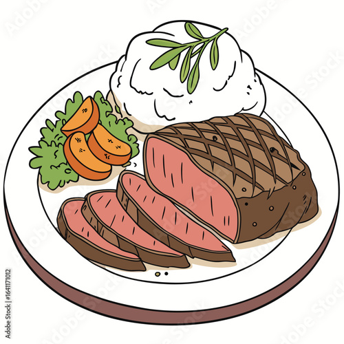 Delicious cartoon steak with mashed potatoes and yams on a plate