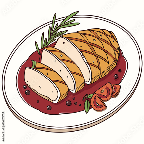 Delicious sliced chicken breast with rosemary and tomato wedges on a plate