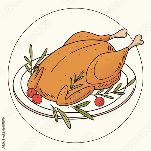 Festive roasted turkey on a platter with berries and rosemary illustration