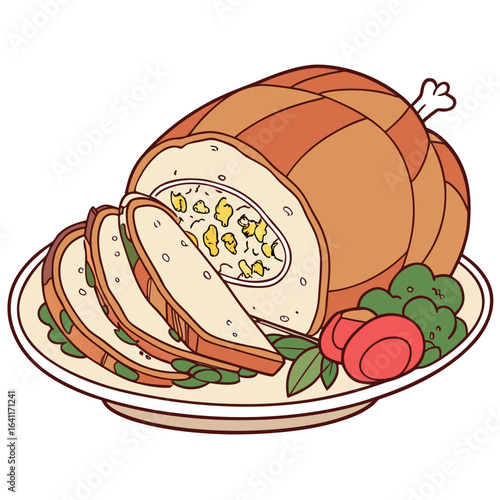 Festive Cartoon Turkey Roast Stuffed and Sliced on a Plate with Garnishes