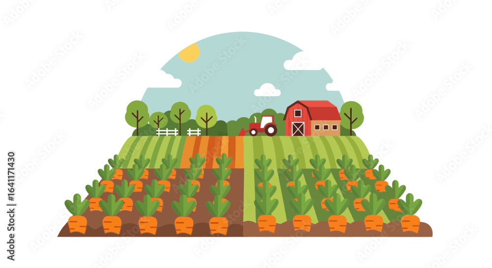 Fototapeta premium Delightful cartoon farm scene with carrot fields and countryside charm